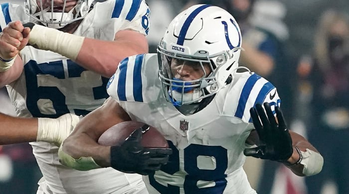 FILE - Indianapolis Colts running back Jonathan Taylor (28) plays against the Arizona Cardinals during an NFL football game on Dec. 25, 2021, in Glendale, Ariz. Taylor was named to The Associated Press 2021 NFL All-Pro Team, announced Friday, Jan. 14, 2022.